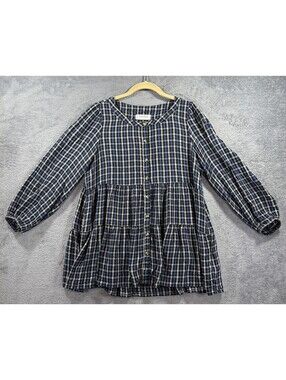 Lucky Brand Blue and Beige Plaid Button-Up Long Sleeve Blouse, Size M